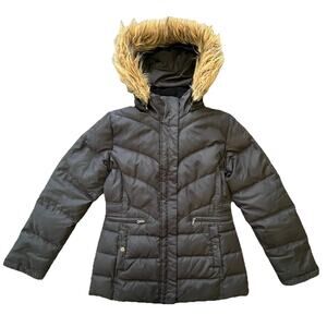 Larry Levine Feather Down Hooded Coat Black Quilted Faux Fur Removable Hood, S